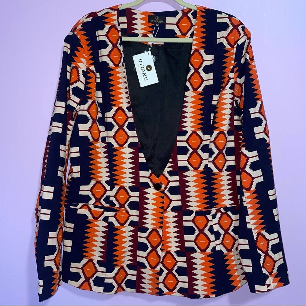 NEW D'Iyanu African Tribal Print Stretch Blazer Women 3X Art to Wear Maximalism